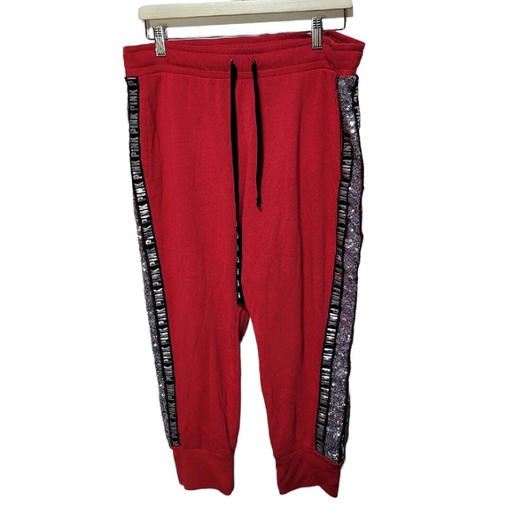 PINK Victoria's Secret Pants - Pink Victoria's Secret Red Bling Seqiun Spellout Side Striped Jogger Pants XL